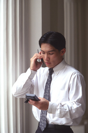 Male executive talking on cellular phone, pillars behindの写真素材