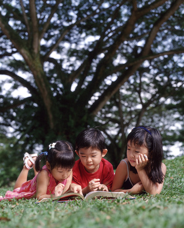 Three children lying on grass reading bookの写真素材