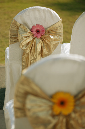 Chairs with ribbons around themの写真素材