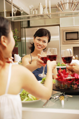 Friends toasting wine glasses across dinner table, over the shoulder viewの写真素材