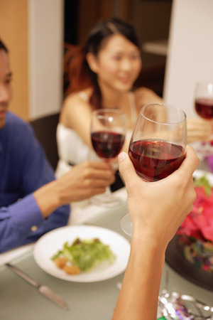 Friends raising wine glass, toastingの写真素材
