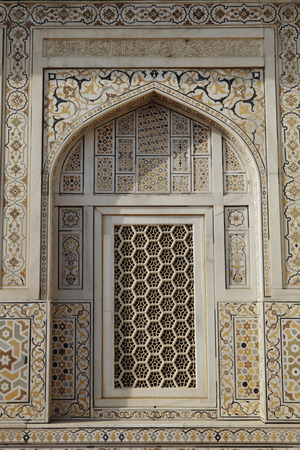 Window detail with inlaid stones and screen. Itmad-ud-Daulah's Tomb 'Baby Taj', Agra, Indiaの写真素材