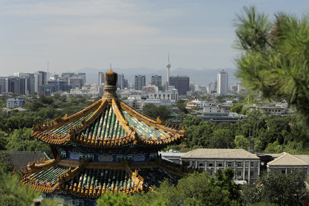 City scape of Beijing with Jingshan Pagoda in foreground, Chinaの写真素材
