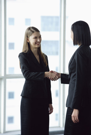 Two businesswomen standing and shaking handsの写真素材