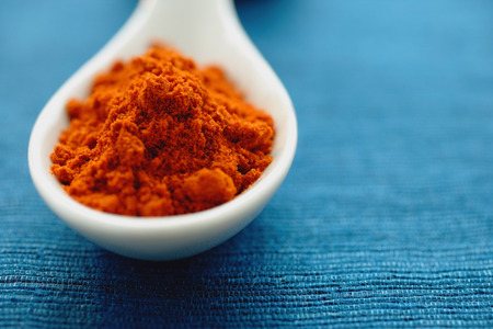 Chili powder in ceramic spoon, close- upの写真素材