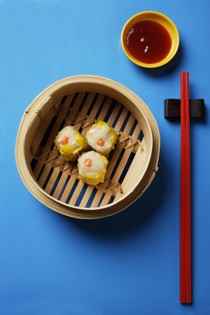dim sum in bamboo steamerの写真素材