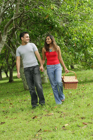 Couple walking in park, holding hands, woman carrying picnic basketの写真素材