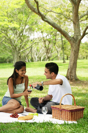 Couple in park, having a picnic, man pouring wine for womanの写真素材