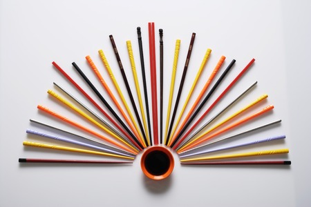 colorful chopsticks displayed like a fanの写真素材