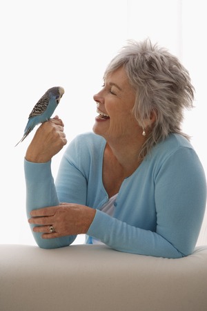 Older woman holding blue bird.の写真素材