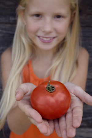 girl holding tomatoの写真素材