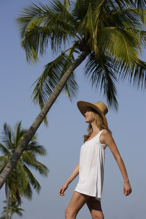 Woman walking under palm treesの写真素材