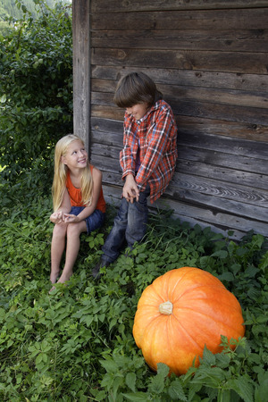 boy and girl next to pumpkinの写真素材