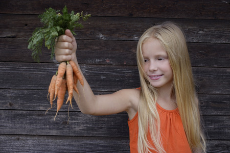 girl holding bunch of carrotsの写真素材