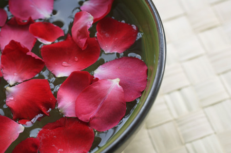 Red petals floating in bowlの写真素材