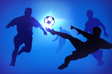 Silhouettes of footballers on the blue backgroundの写真素材