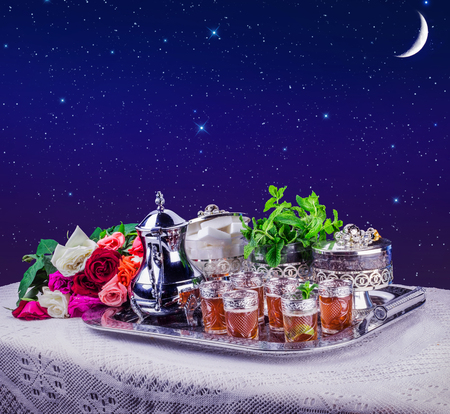 Moroccan tea glasses and biscuitの写真素材