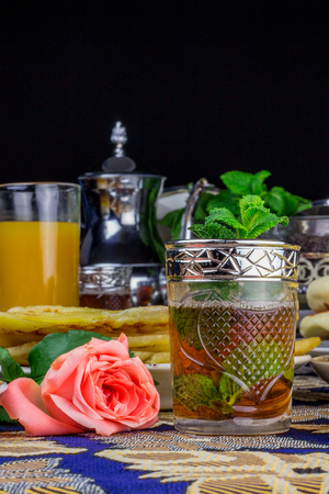 Moroccan tea glasses and biscuitの写真素材