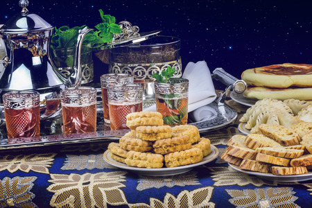 Moroccan tea glasses and biscuitの写真素材