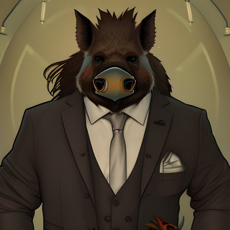 Groom in a suit with a bow tie and a mask.の素材
