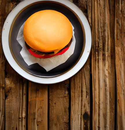 Hamburger on a plate on a wooden background. Top viewの素材