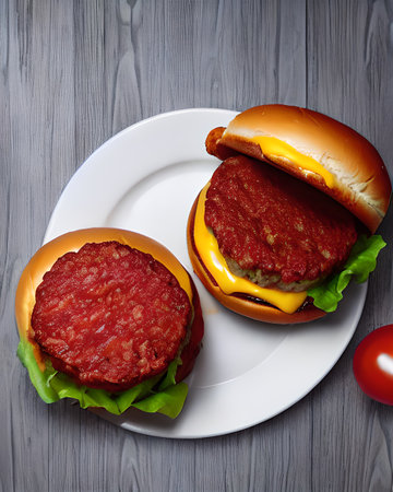 Two hamburgers on a white plate on a wooden background.の素材