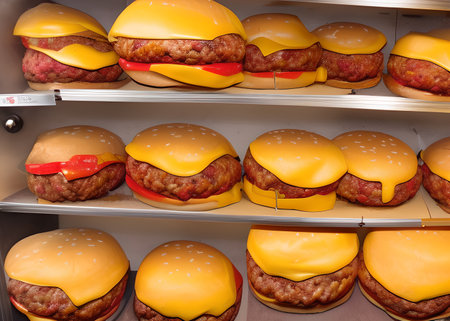 Big tasty cheeseburgers on shelf in supermarket, closeupの素材