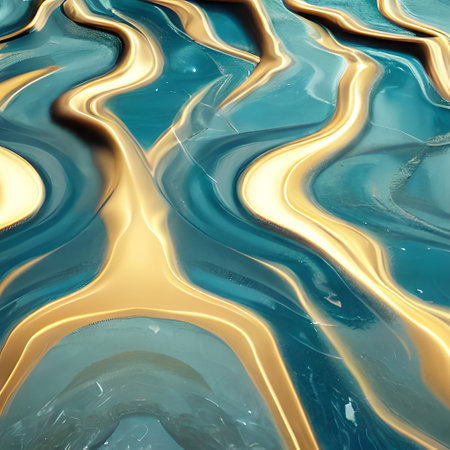 3d render, abstract background with golden lines and waves in waterの素材