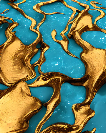 Gold paint splashes on a blue background. 3d render illustrationの素材