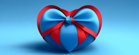 3d rendering of a heart shaped gift box with red ribbon on blue backgroundの素材