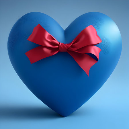 Blue heart with red bow on blue background. 3D illustration.の素材