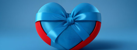 Heart shaped gift box with blue bow on blue background. 3D renderingの素材