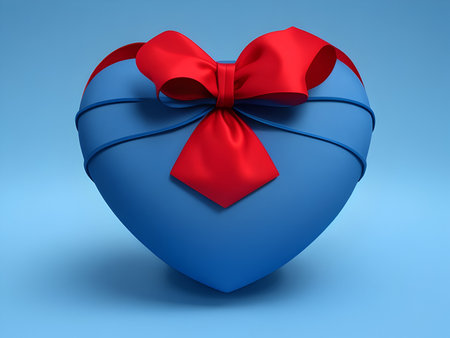 Heart shaped gift box with red bow on blue background. 3d illustrationの素材