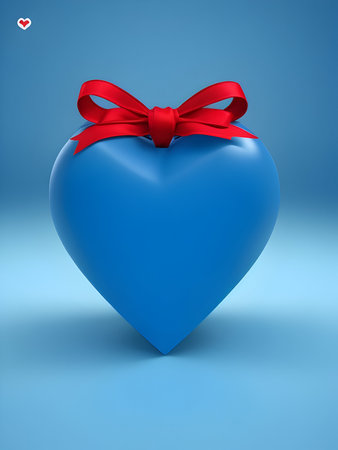 Blue heart with red bow on blue background. 3D illustration.の素材