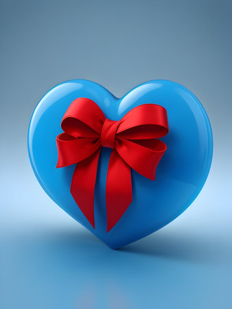 Blue heart with red bow on blue background. 3D illustration.の素材