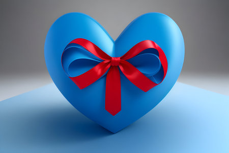 Blue heart with red bow on grey background. 3D illustration.の素材