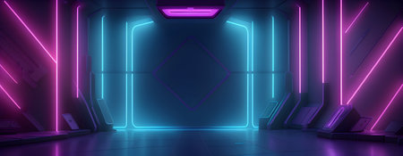 3D rendering of futuristic scifi tunnel corridor with neon lights.の写真素材
