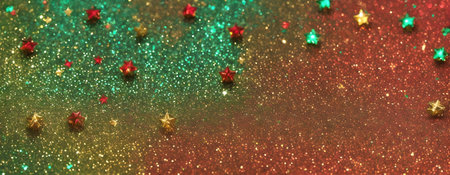 multicolored shiny stars on a red and green background, close-up