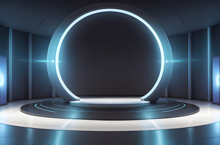 Futuristic interior with round podium and neon lights. 3D Renderingの素材