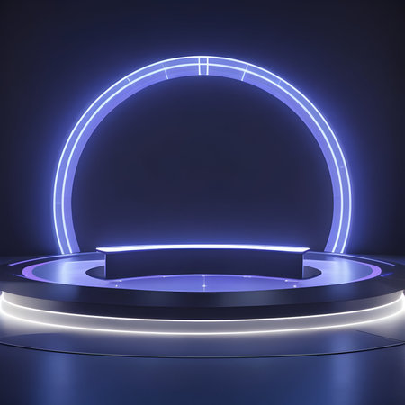 Abstract round podium illuminated by neon lights. Mock up, 3D Renderingの素材