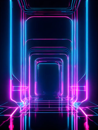 3d render, abstract background, neon lights, tunnel, corridorの素材