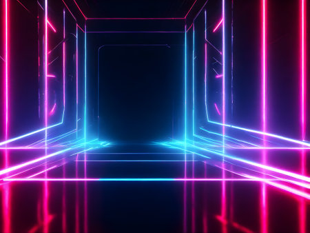 3d abstract background with neon lights. neon tunnel. 3d illustrationの素材