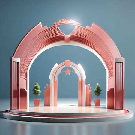 exhibition stand with red arch and tree on blue background, 3d render