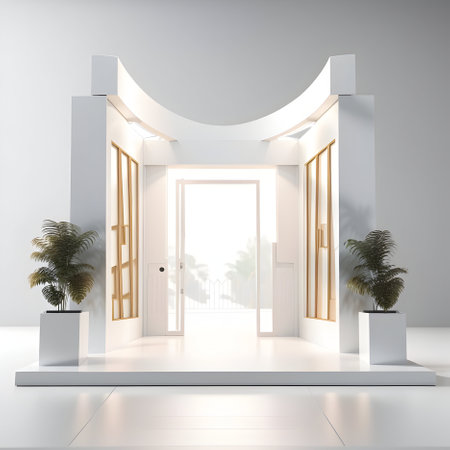 Exterior of modern white room with open door. 3D renderingの写真素材