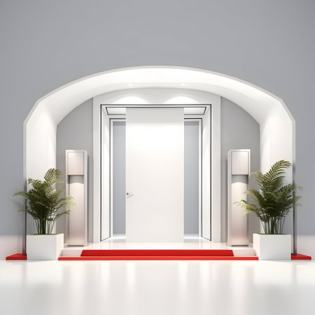 Interior of a modern hall with white walls, white doors and red carpet. 3d renderingの写真素材