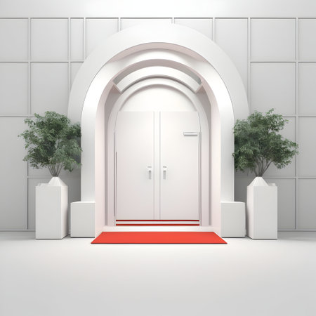 White door with a red carpet in an empty room. 3d renderingの写真素材