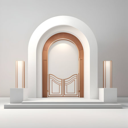 3d render of entrance to the room with door and columns.の写真素材