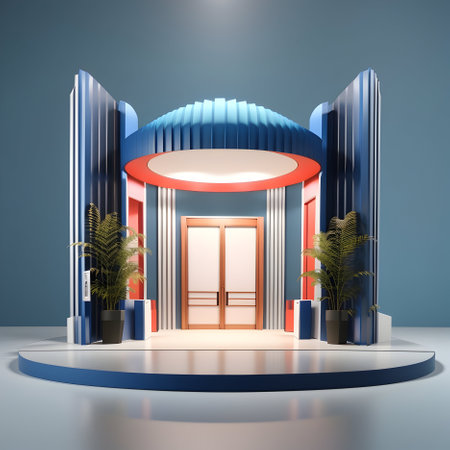 Exhibition stand in front of a blue wall. 3D renderingの写真素材