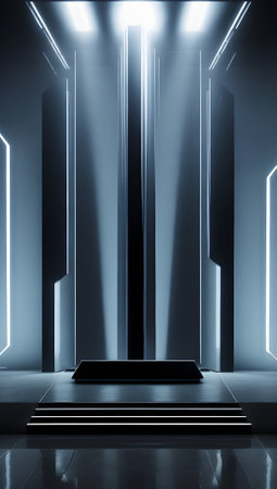 3d rendering of a corridor in a futuristic building with neon lightingの素材