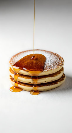 Delicious American pancakes with maple syrup pour isolated on white background.の写真素材